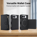 Black leather versatile wallet case for iPhone DUO displaying magnetic back cover, zipper coin pouch, and folded folio stand functionality.