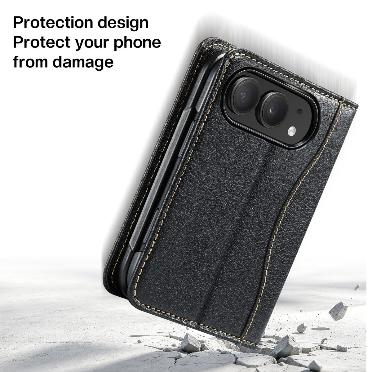 Black leather wallet case for iPhone DUO demonstrating drop-tested protection design with shockproof bumper against ground impact.
