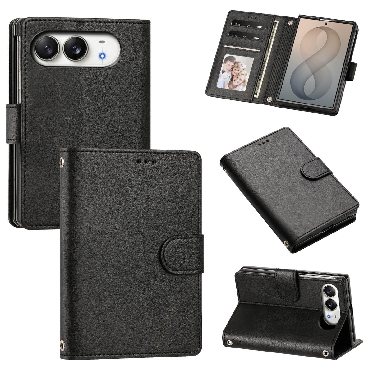 Black leather wallet case for iPhone DUO displaying full product angles including camera cutout, multi-card slot flap, photo ID window, and horizontal kickstand position.
