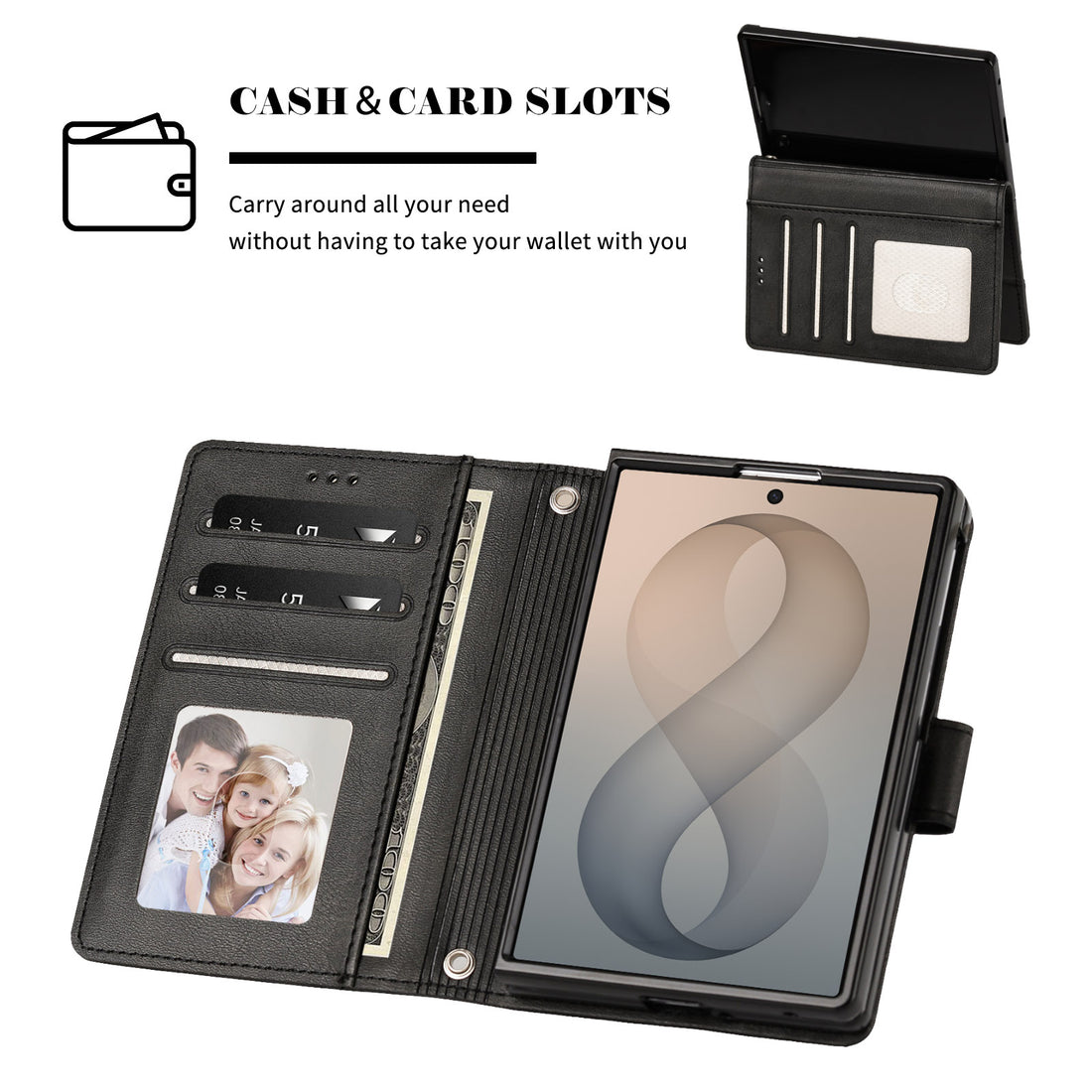 Dark blue leather wallet case for iPhone DUO showing full multi-angle product views, kickstand support, open card slots flap, and 6 available color options.