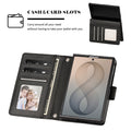 Black leather wallet case for iPhone DUO displaying open view with card slots, photo ID window, full cash bill pocket, and kickstand stand mode.
