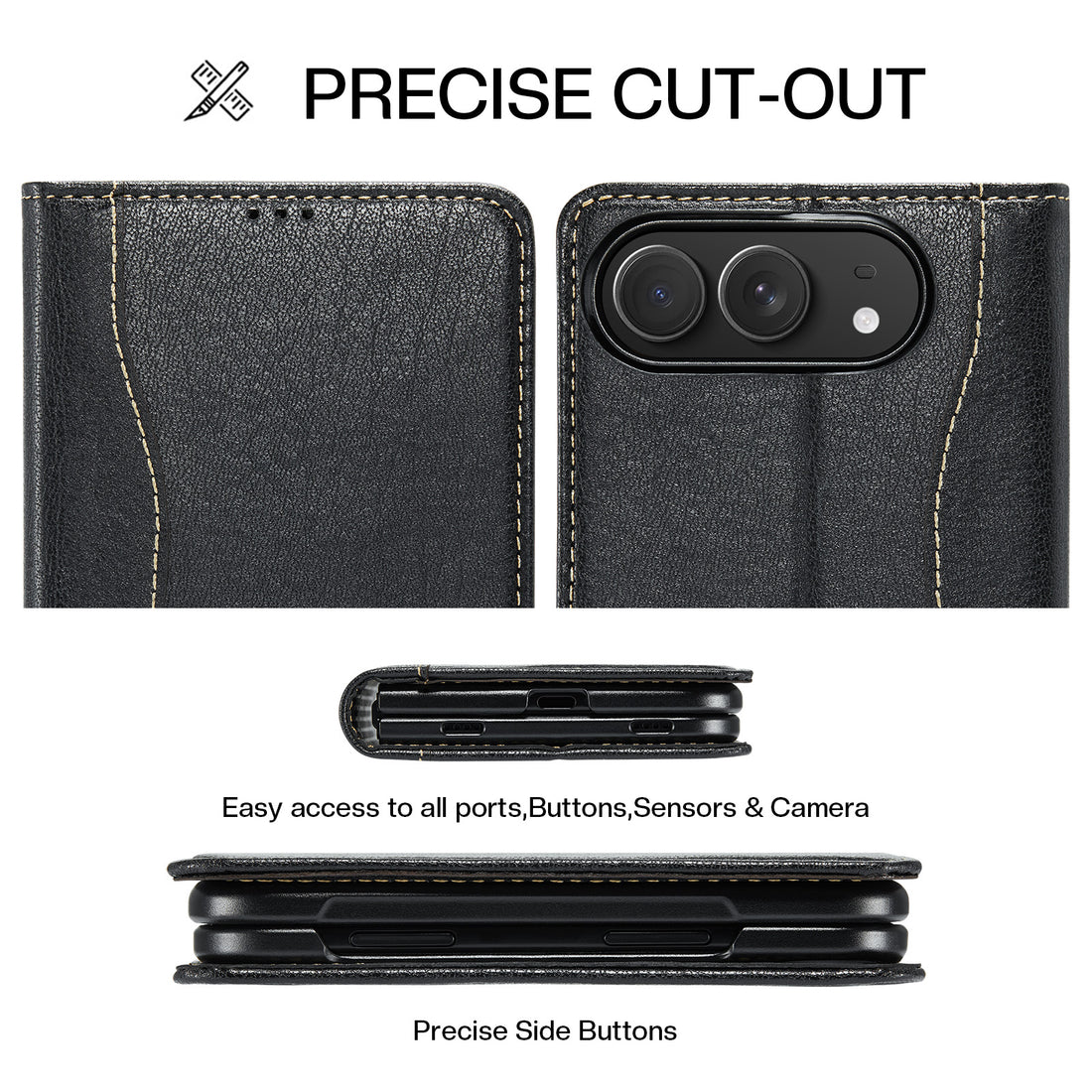iPhone DUO luxury leather wallet cases lined up showing rear camera cutouts in Classic Black, Deep Red, and Vintage Brown color choices.