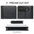 Black leather wallet case for iPhone DUO showing close-up precision cutouts for dual rear cameras, side volume buttons, and charging port.