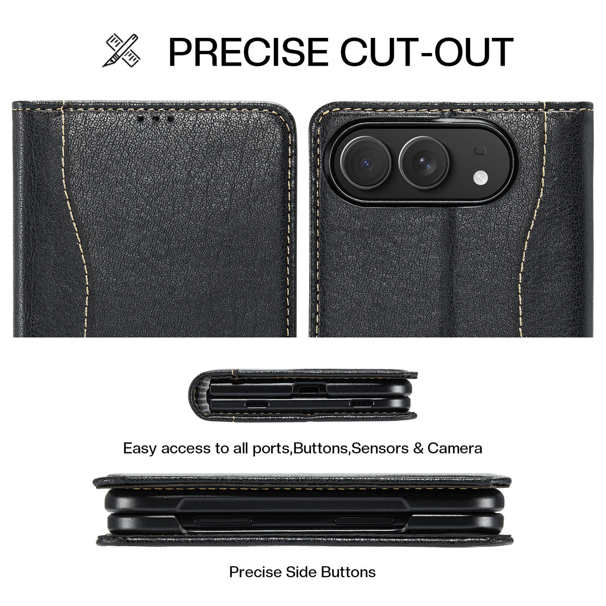Black leather wallet case for iPhone DUO showing close-up precision cutouts for dual rear cameras, side volume buttons, and charging port.