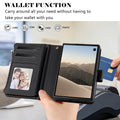 Black leather wallet case for iPhone DUO showing open view with card slots, photo ID window, cash pocket, and contactless payment convenience.