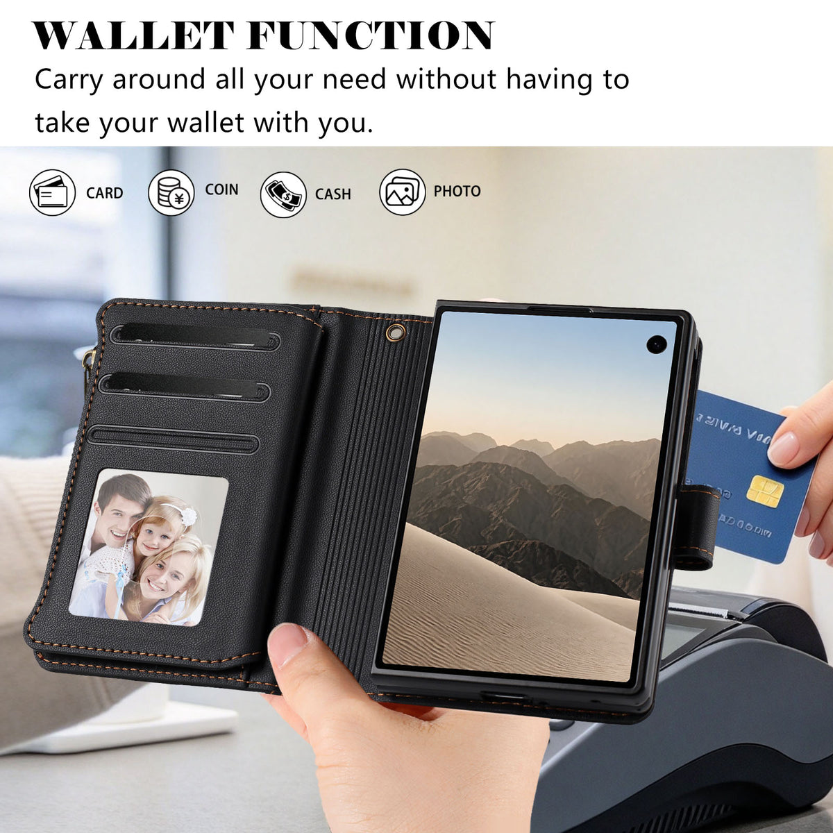 Black leather wallet case for iPhone DUO showing open view with card slots, photo ID window, cash pocket, and contactless payment convenience.