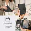 Black leather wallet folio case for iPhone DUO being stored inside a luxury handbag and held in hand, highlighting slim texture and income pocket convenience.