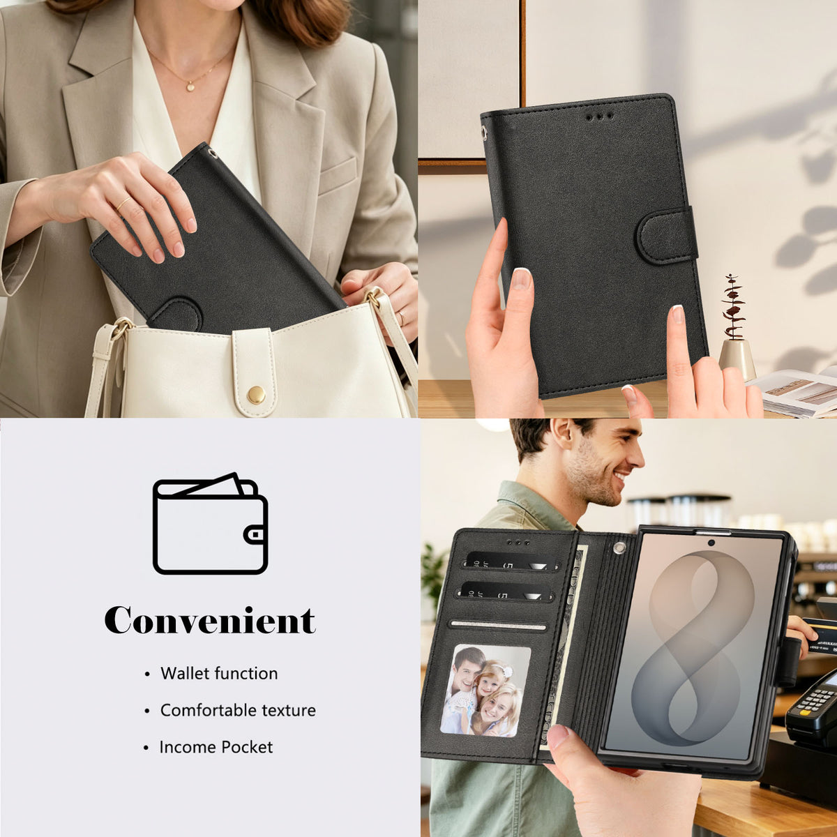Black leather wallet folio case for iPhone DUO being stored inside a luxury handbag and held in hand, highlighting slim texture and income pocket convenience.