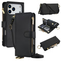 Black leather wallet phone case composite featuring a rear view with camera cut-out, an adjustable crossbody strap, and an open configuration displaying internal card slots and a cash pocket.
