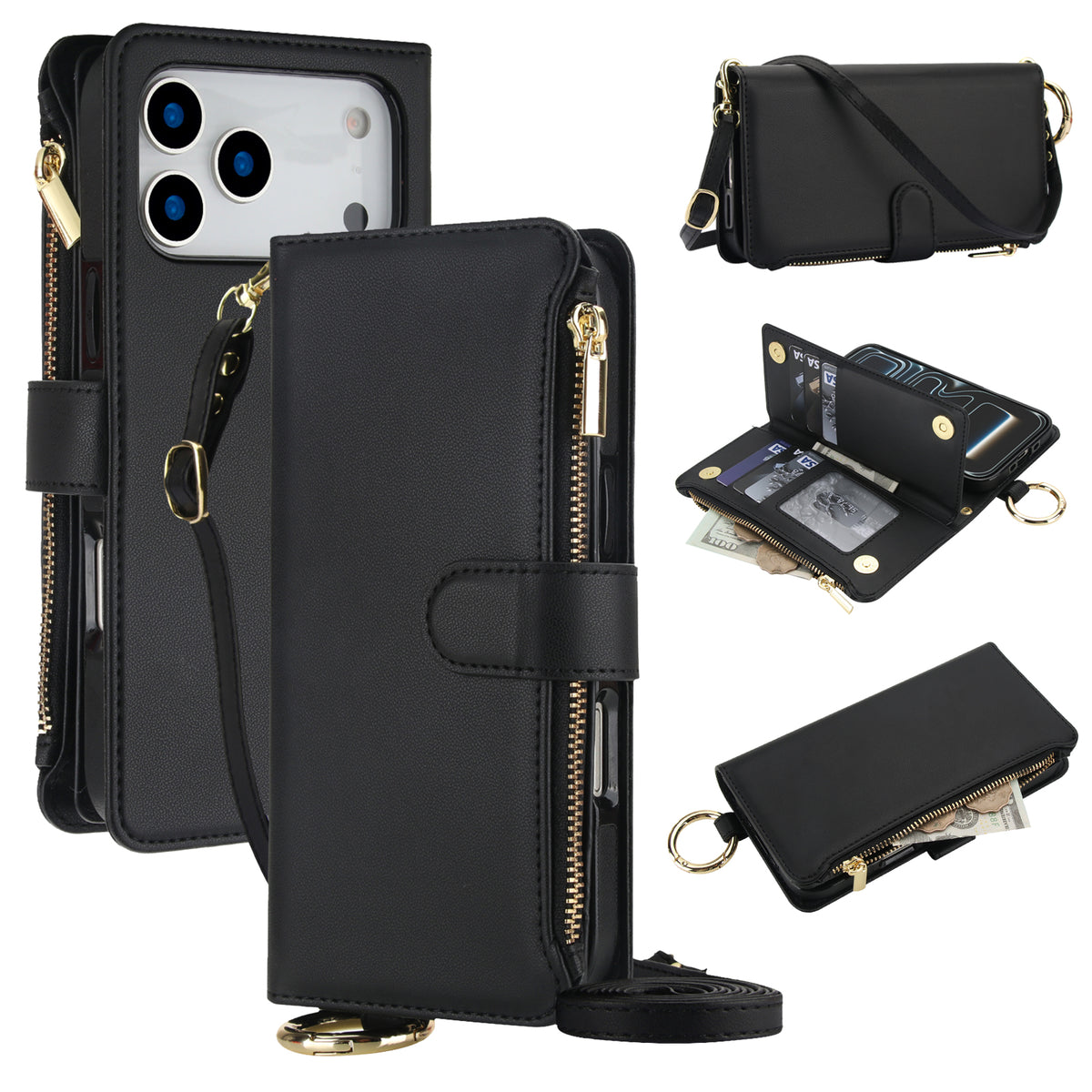 Black leather wallet phone case composite featuring a rear view with camera cut-out, an adjustable crossbody strap, and an open configuration displaying internal card slots and a cash pocket.