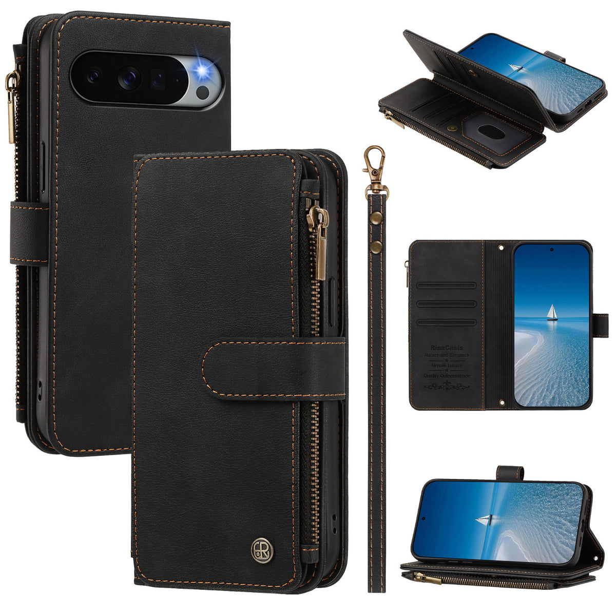 Black leather wallet phone case for Google Pixel featuring wristlet lanyard, side zipper pocket, card holder slots, and horizontal hands-free viewing setup。