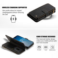 Black leather zipper wallet case for iPhone demonstrating wireless charging compatibility and open multi-card holder slots with kickstand mode