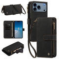 Black leather zipper wallet case for iPhone set showing card slots, wristlet strap, crossbody strap, and cash pocket