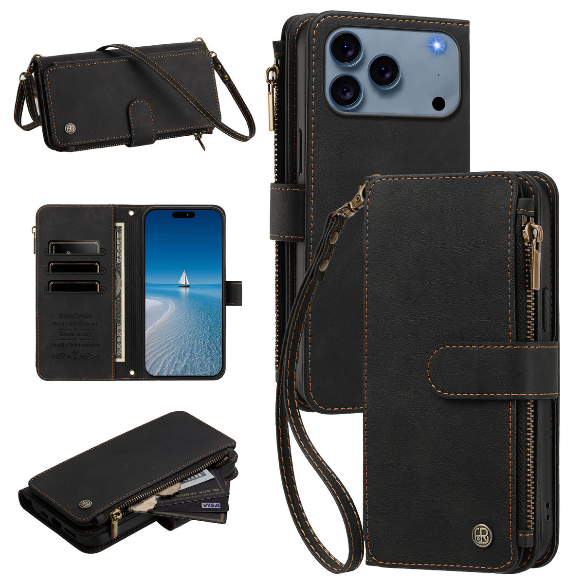 Black leather zipper wallet case for iPhone set showing card slots, wristlet strap, crossbody strap, and cash pocket