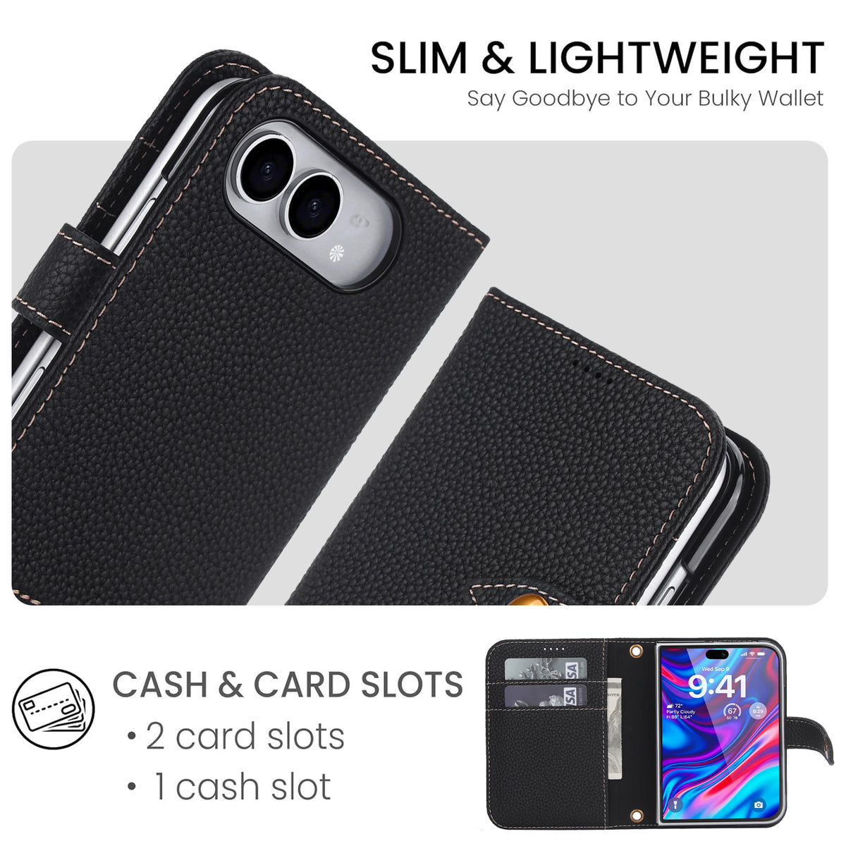 Black litchi grain leather RFID wallet case for iPhone Duo with closed snap cover and open card slot overlay