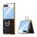 Black luxury chevron leather case for Samsung Galaxy Z Flip showing flat back with gold ring holder and partially folded side view