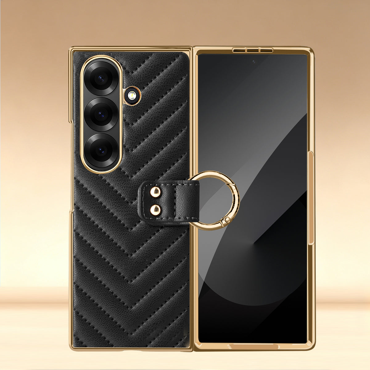 Black luxury chevron leather ring case for Samsung Galaxy Z Fold shown unfolded with built-in screen protector and gold ring