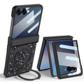 Black luxury glitter case for Samsung Galaxy Z Flip displayed in both fully unfolded view with ring kickstand extended and partially folded view highlighting integrated screen protection.