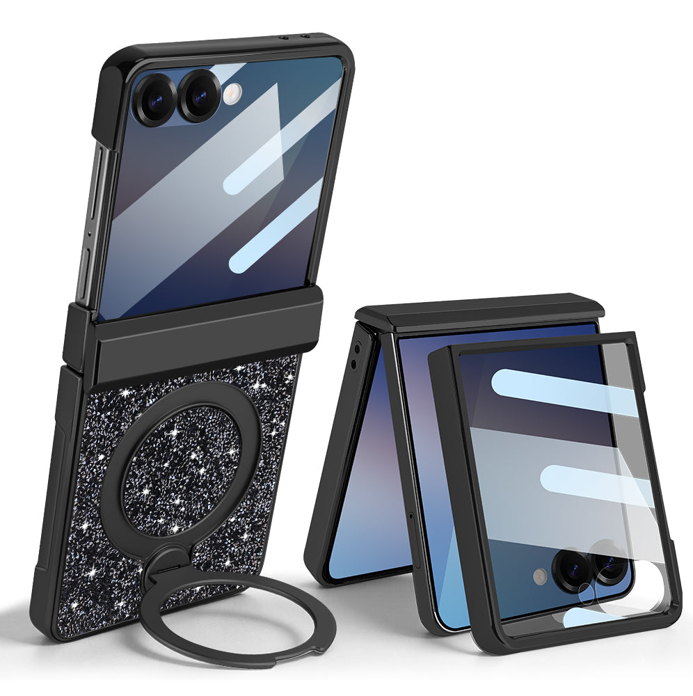 Black luxury glitter case for Samsung Galaxy Z Flip displayed in both fully unfolded view with ring kickstand extended and partially folded view highlighting integrated screen protection.
