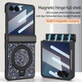 Black luxury glitter case for Samsung Galaxy Z Flip showing magnetic hinge full shell protection, integrated anti-spy glass, and magnetic ring alignment.