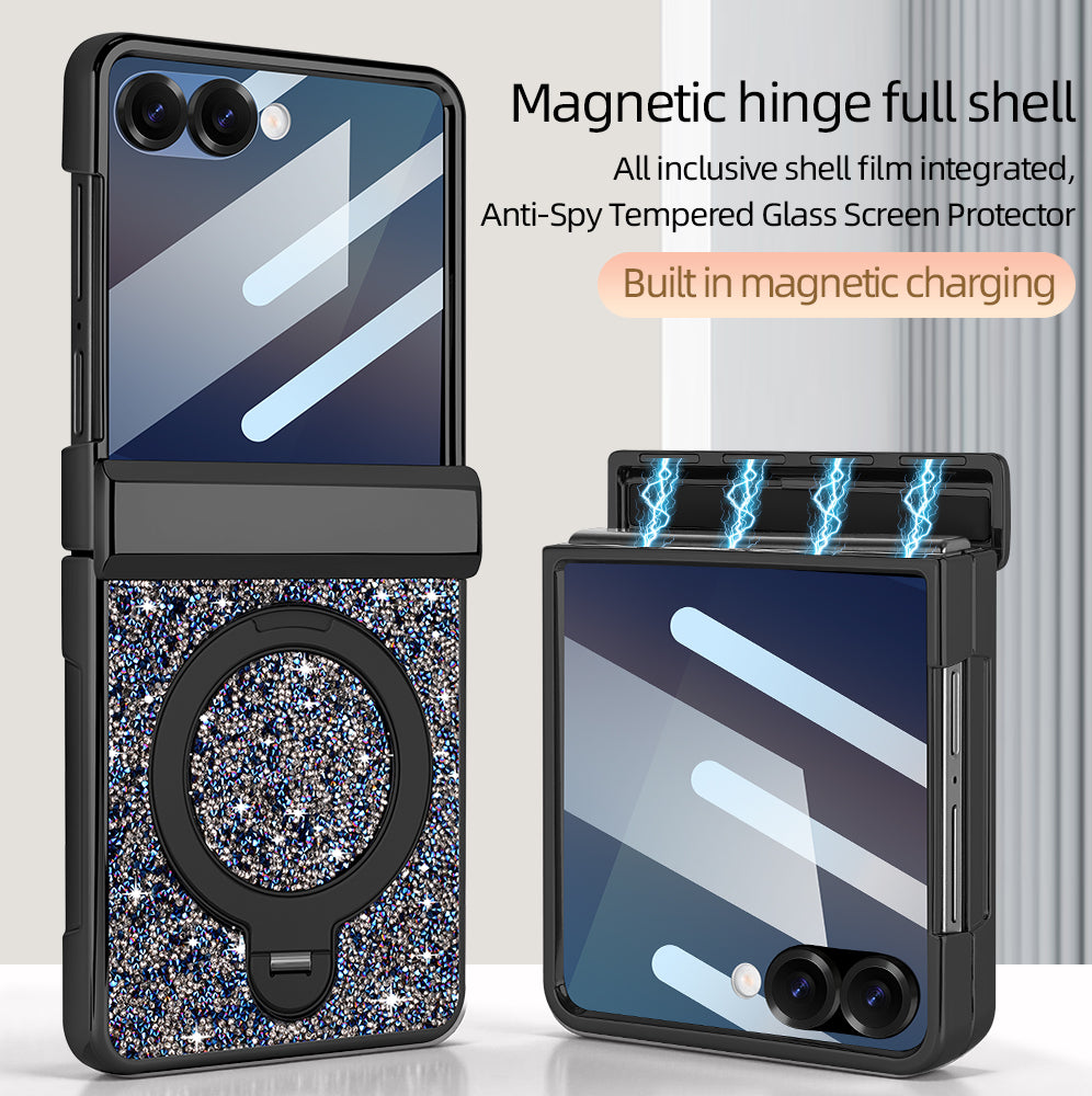 Black luxury glitter case for Samsung Galaxy Z Flip showing magnetic hinge full shell protection, integrated anti-spy glass, and magnetic ring alignment.