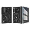 Black luxury glitter case for Samsung Galaxy Z Fold 8 featuring a sparkling diamond back panel, built-in ring holder kickstand, raised camera lens frame, and magnetic hinge protection.
