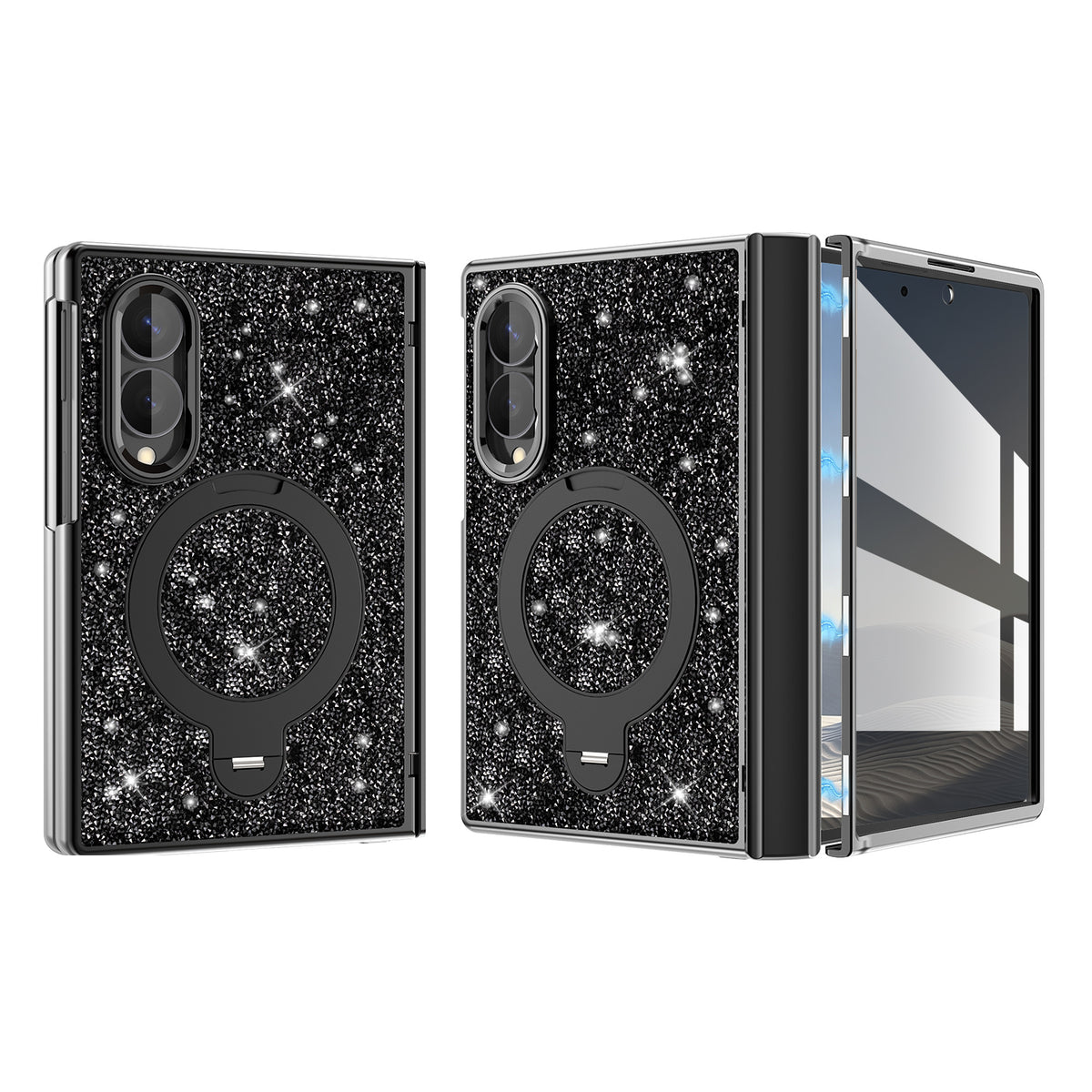 Black luxury glitter case for Samsung Galaxy Z Fold 8 featuring a sparkling diamond back panel, built-in ring holder kickstand, raised camera lens frame, and magnetic hinge protection.