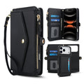 Black luxury leather 2-in-1 detachable wallet phone case for iPhone featuring card organizer slots, side zipper purse, wristlet lanyard, and back phone cover.