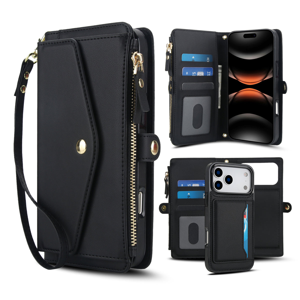 Black luxury leather 2-in-1 detachable wallet phone case for iPhone featuring card organizer slots, side zipper purse, wristlet lanyard, and back phone cover.