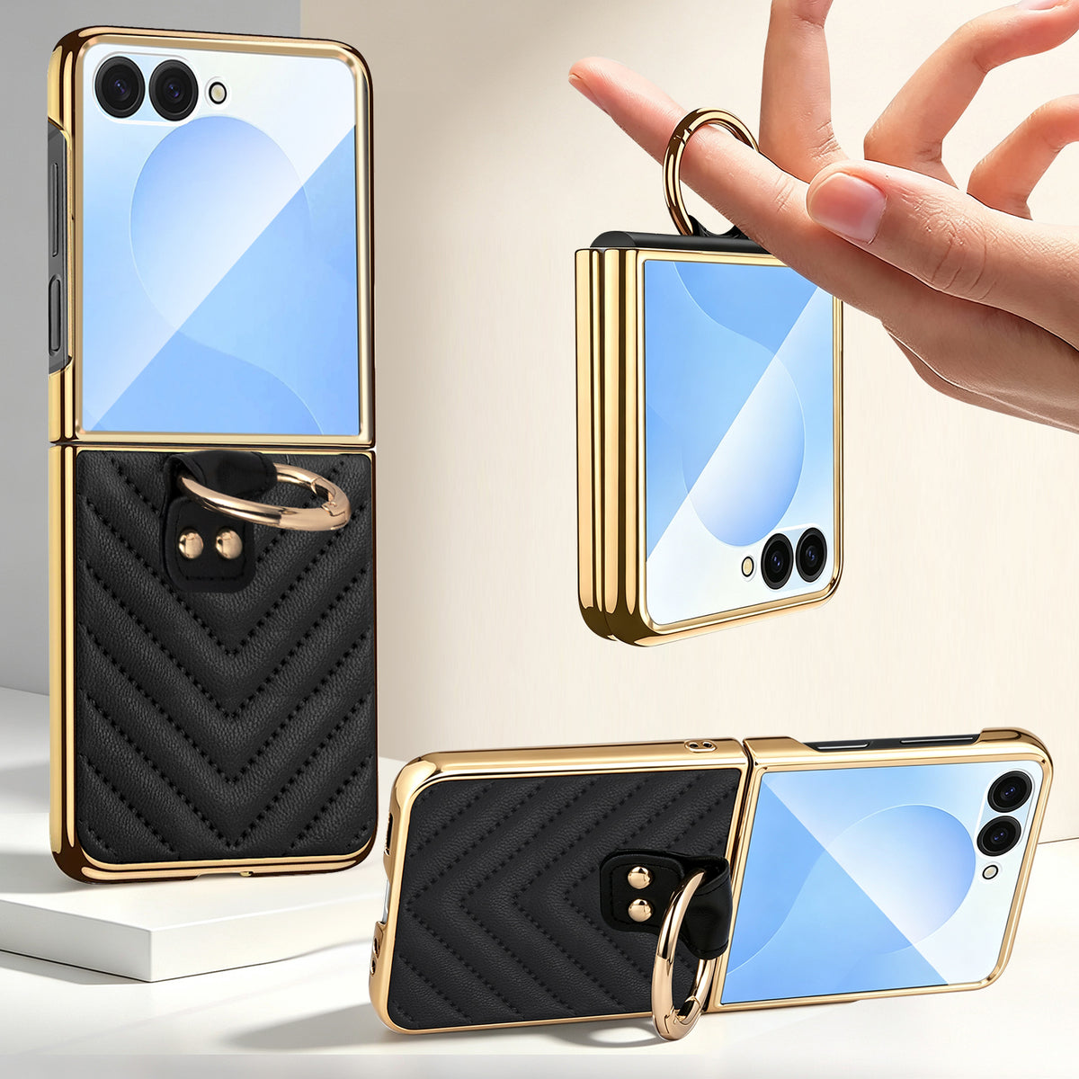 Black luxury leather Z Flip case shown open, folded, and propped sideways using the gold ring kickstand
