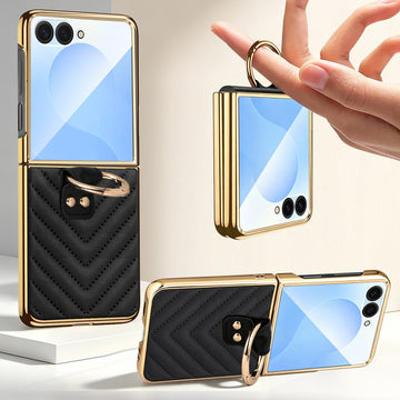 Black luxury leather Z Flip case shown open, folded, and propped sideways using the gold ring kickstand