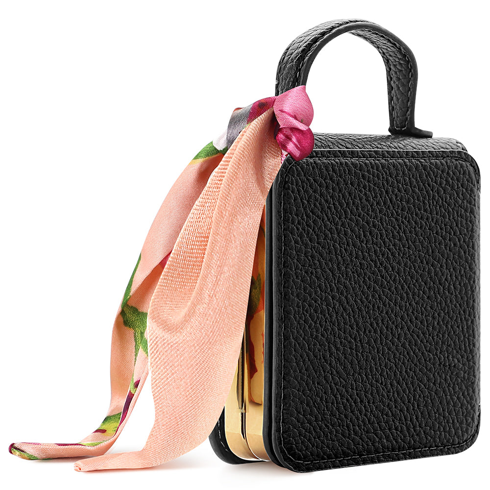 Black luxury leather handbag phone case for Samsung Galaxy Z Flip with gold electroplated edges and silk scarf