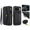 Black luxury leather wallet case for Google Pixel displayed with detachable magnetic back cover, card holder, and crossbody strap.