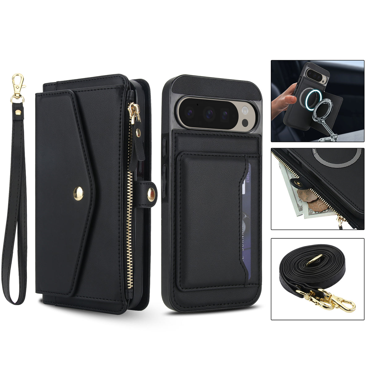 Black luxury leather wallet case for Google Pixel displayed with detachable magnetic back cover, card holder, and crossbody strap.