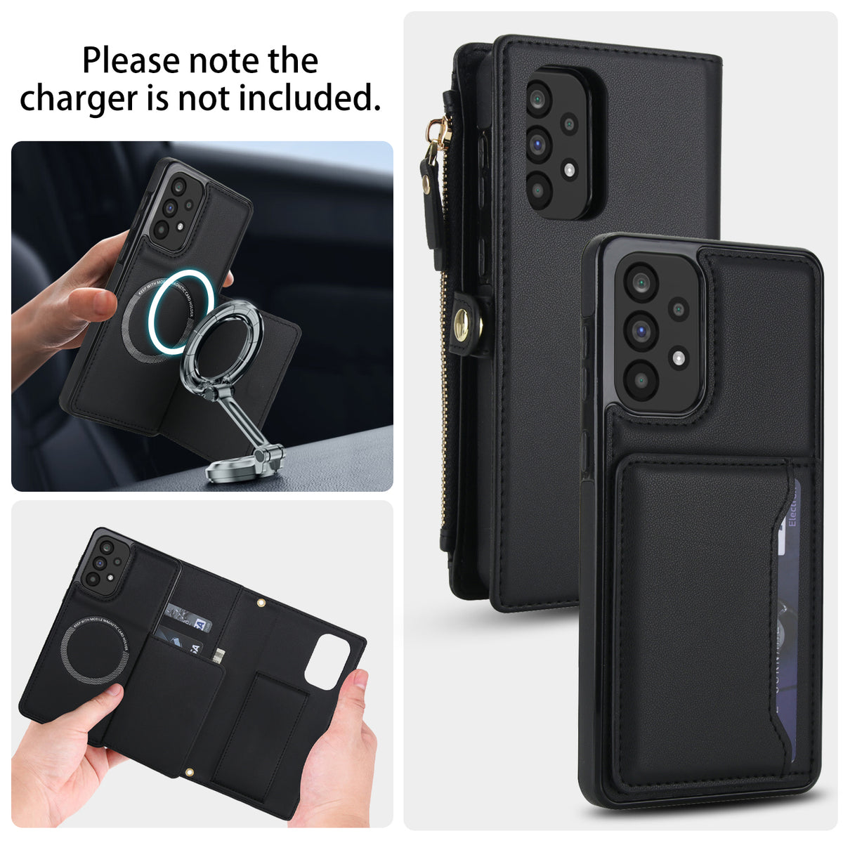 Black magnetic back cover for Samsung Galaxy A73 A72 demonstrating compatibility with magnetic car phone mounts and magnetic accessories.