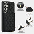 Black quilted leather Samsung Galaxy phone case demonstrating precise cutouts snap closure and detachable strap rings