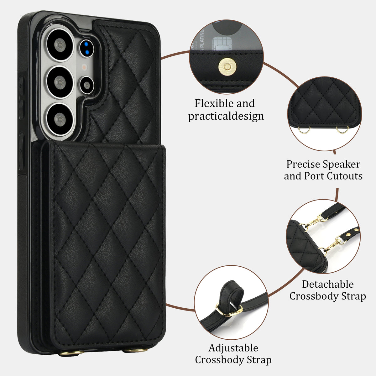 Black quilted leather Samsung Galaxy phone case demonstrating precise cutouts snap closure and detachable strap rings