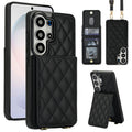 Black quilted leather Samsung Galaxy wallet phone case with open back card holder kickstand and shoulder lanyard strap