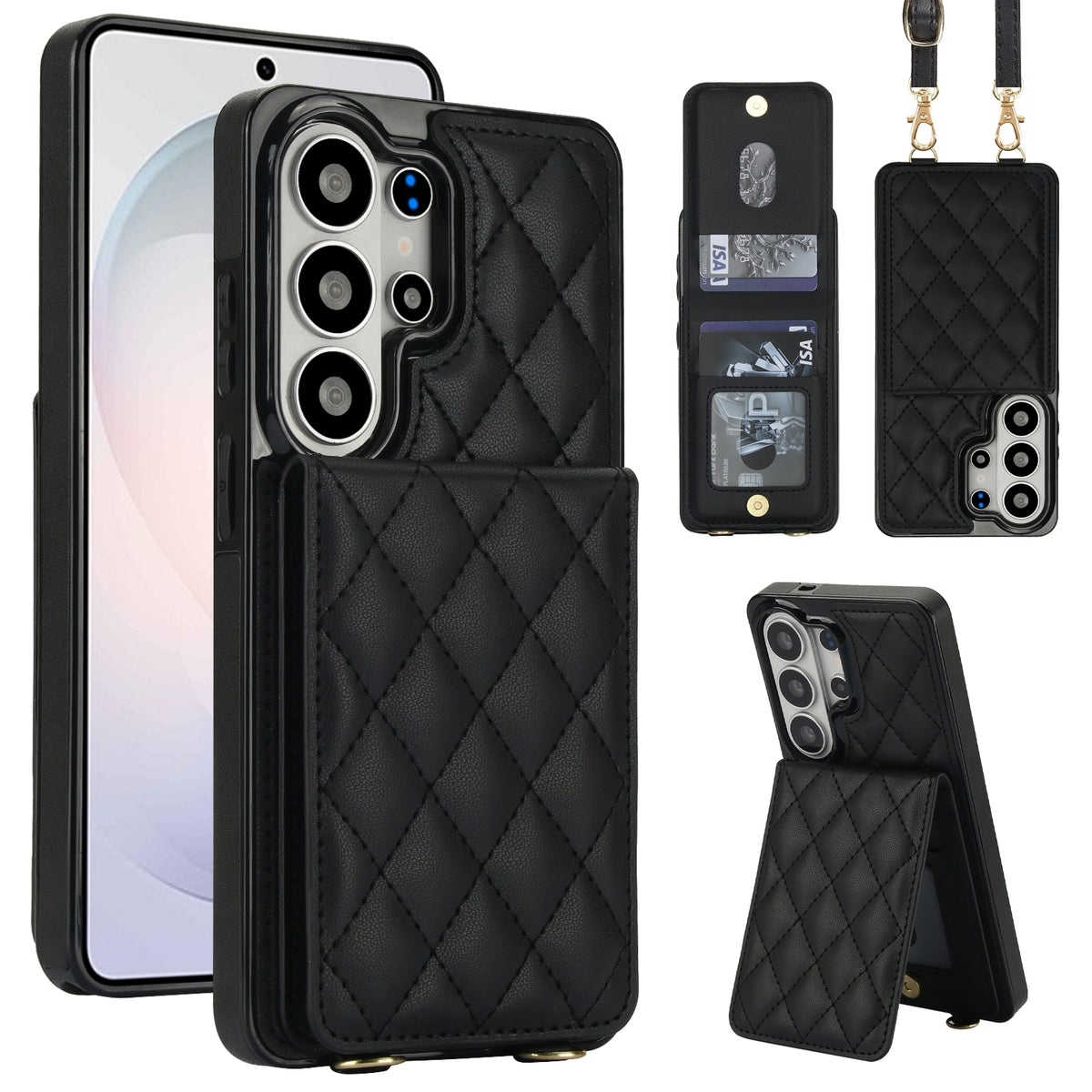 Black quilted leather Samsung Galaxy wallet phone case with open back card holder kickstand and shoulder lanyard strap