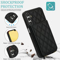 Black quilted leather case for Samsung Galaxy A-Series illustrating shockproof drop protection with 1.2mm raised screen bezels and 1.5mm elevated camera protection.