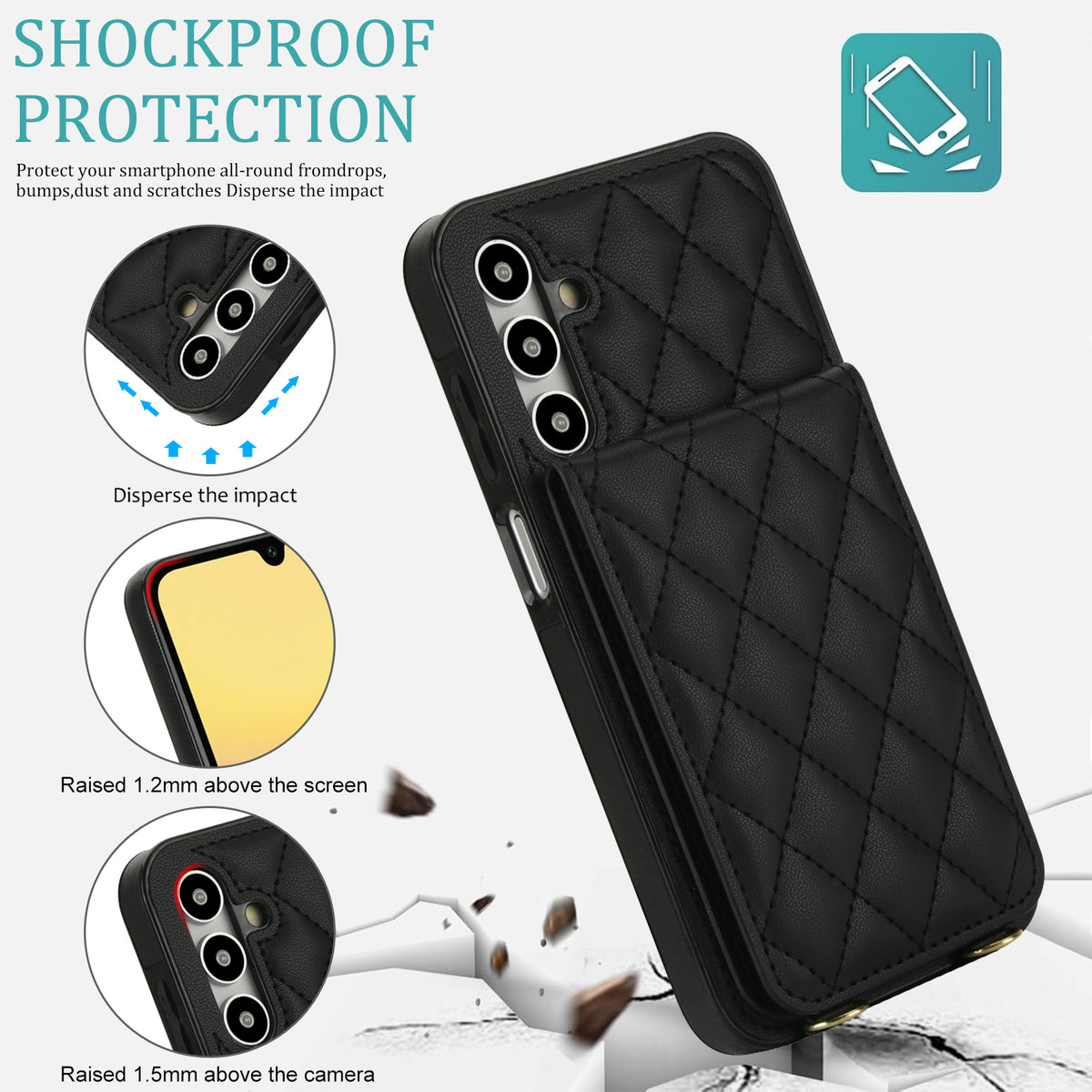 Black quilted leather case for Samsung Galaxy A-Series illustrating shockproof drop protection with 1.2mm raised screen bezels and 1.5mm elevated camera protection.