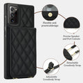 Black quilted leather case for Samsung Galaxy A73-A71 showing feature diagram of snap button card slot, precise speaker ports, detachable lanyard clips, and adjustable shoulder strap.