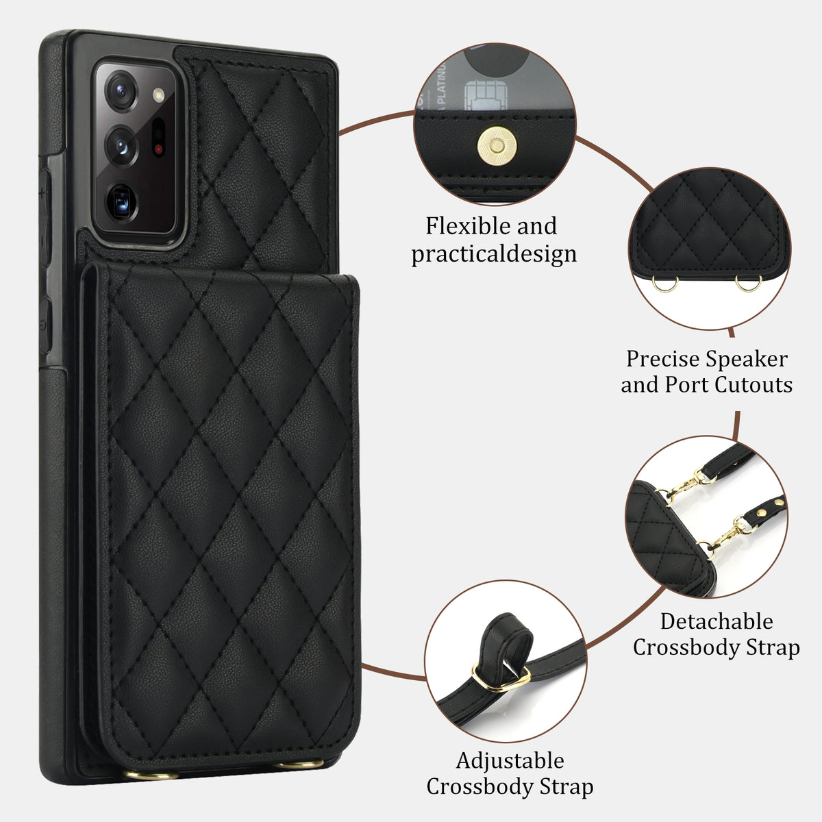 Black quilted leather case for Samsung Galaxy A73-A71 showing feature diagram of snap button card slot, precise speaker ports, detachable lanyard clips, and adjustable shoulder strap.