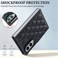Black quilted leather case for Samsung Galaxy Z Fold 8 highlighting raised camera bezel and shockproof corners