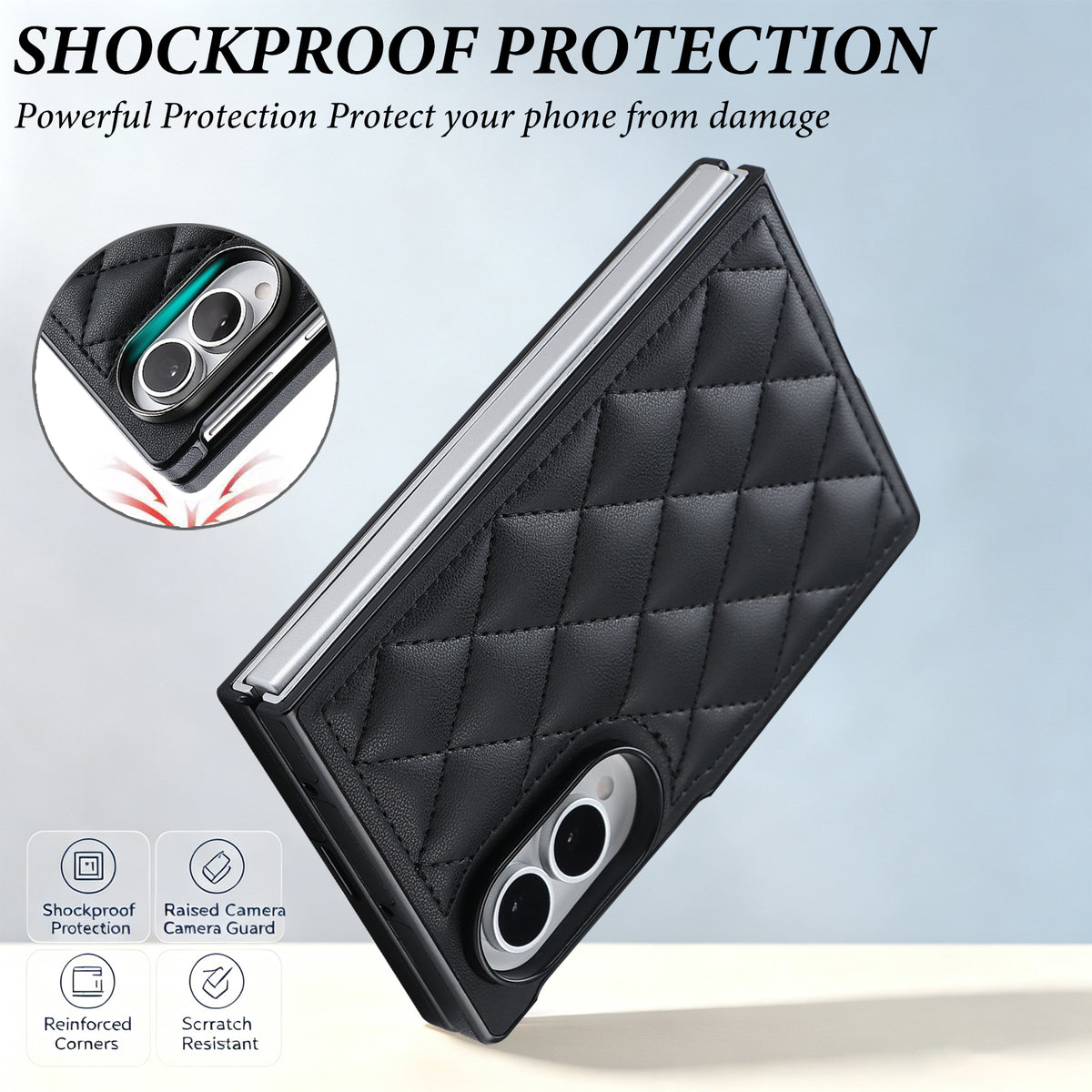 Black quilted leather case for Samsung Galaxy Z Fold 8 highlighting raised camera bezel and shockproof corners