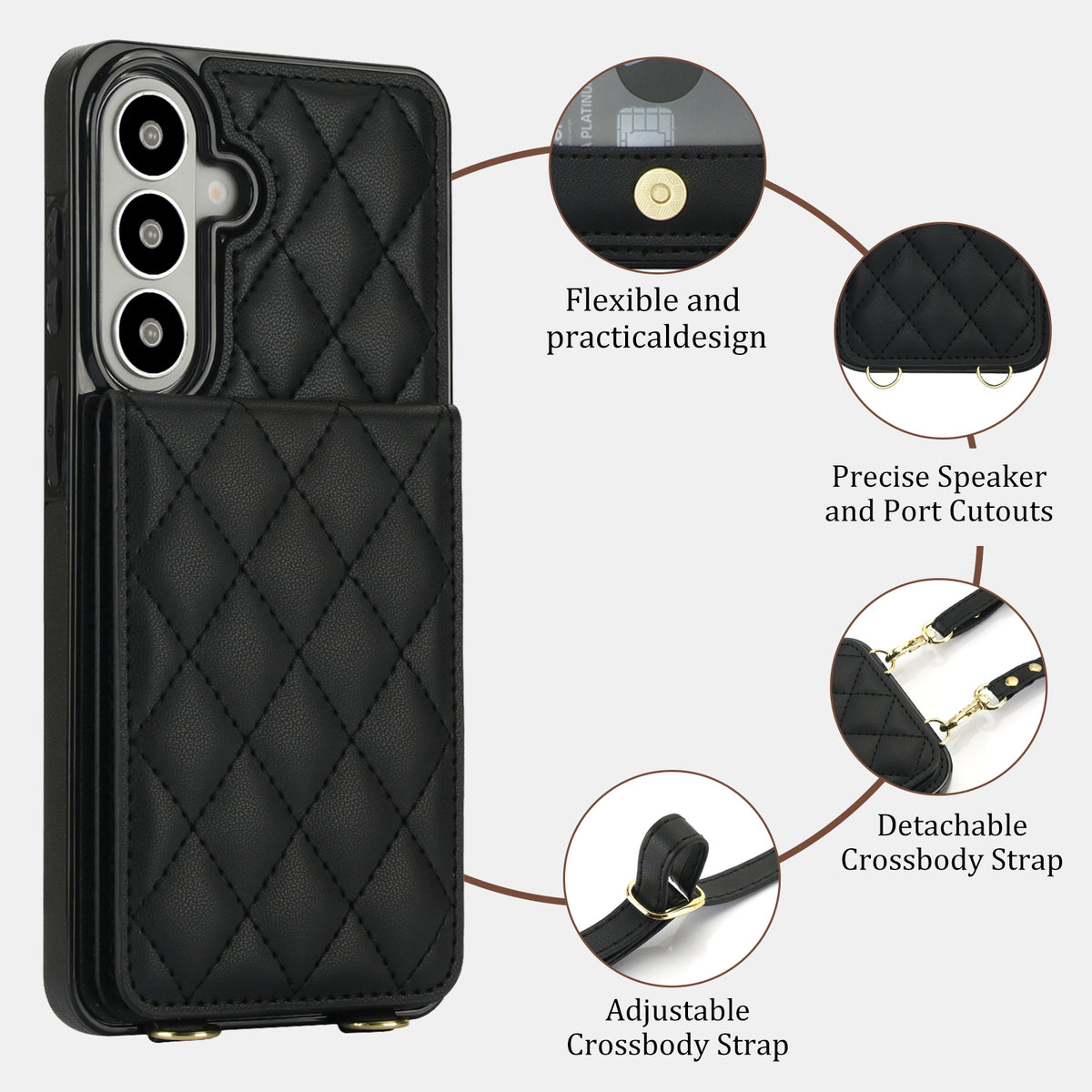 Black quilted leather case for Samsung Galaxy showing feature diagram of snap button card slot, precise speaker ports, detachable lanyard clips, and adjustable shoulder strap.