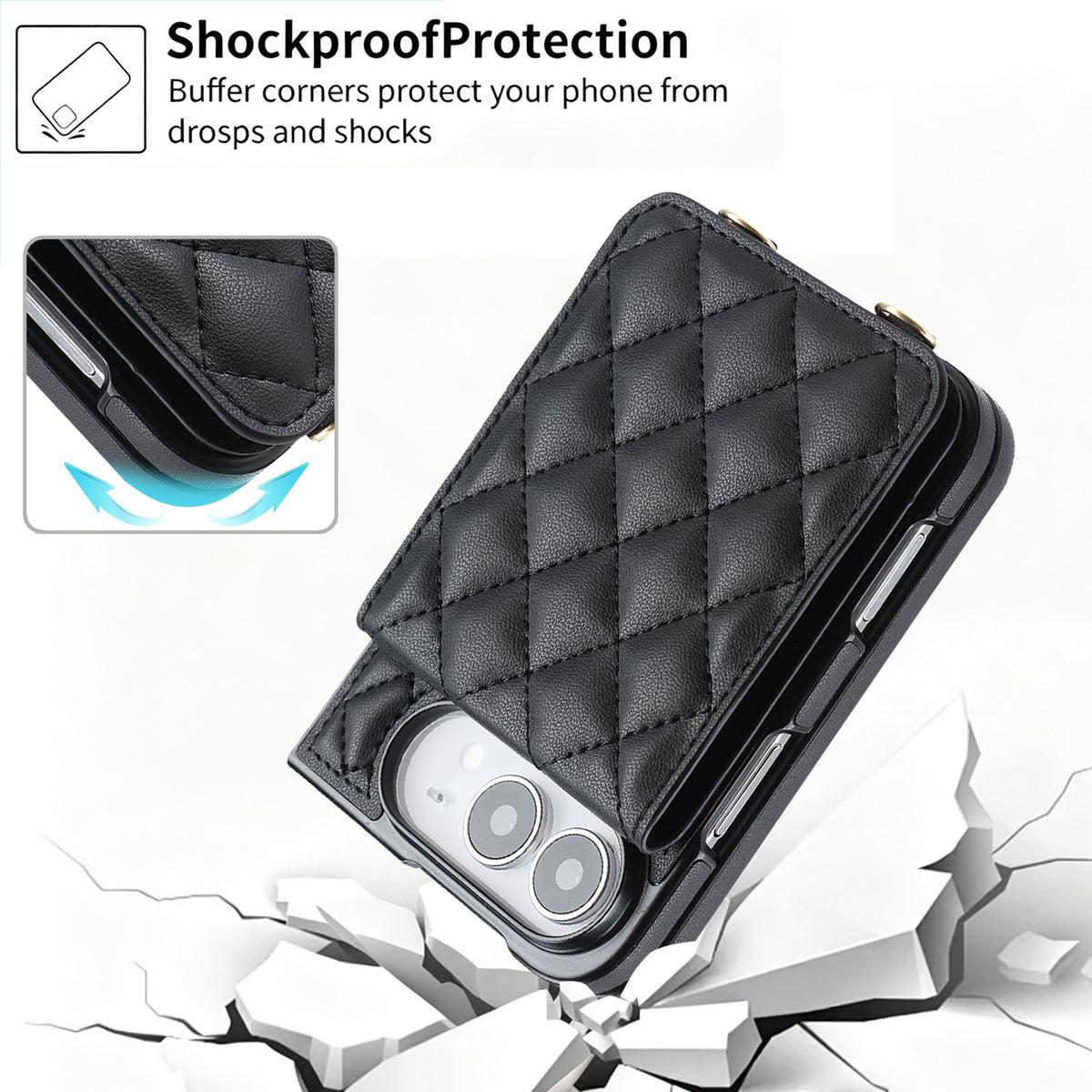 Black quilted leather case for iPhone DUO illustrating drop-tested shockproof corner buffer protection.