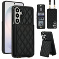Black quilted leather crossbody wallet case for Samsung Galaxy A-Series displaying full composite views including rear card slot flap, open ID window, detachable lanyard strap, and kickstand mode.