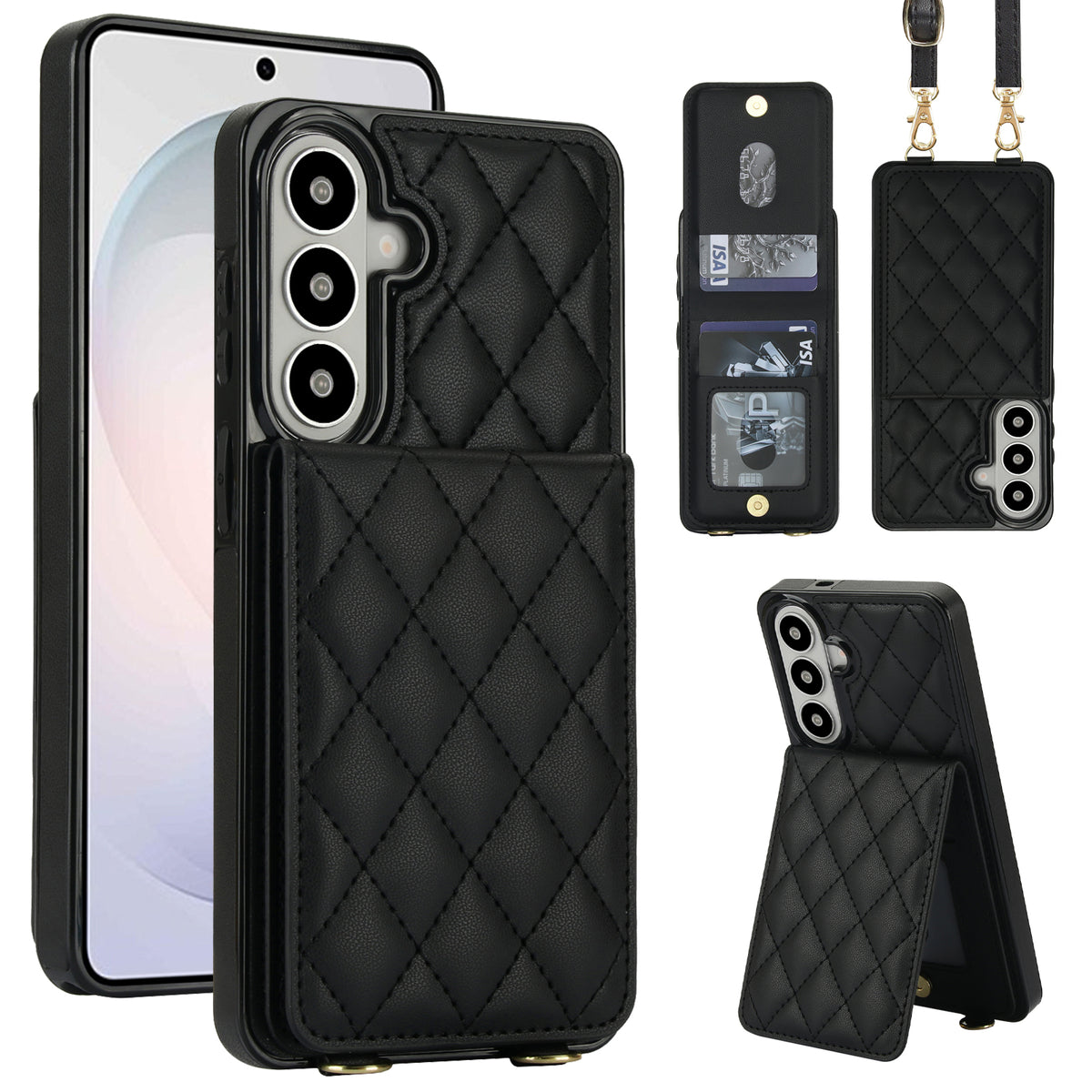 Black quilted leather crossbody wallet case for Samsung Galaxy A-Series displaying full composite views including rear card slot flap, open ID window, detachable lanyard strap, and kickstand mode.