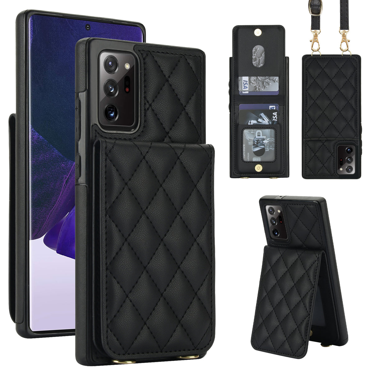 Black quilted leather crossbody wallet case for Samsung Galaxy displaying composite views including rear snap card slots, photo ID window, detachable shoulder lanyard, and horizontal kickstand mode.